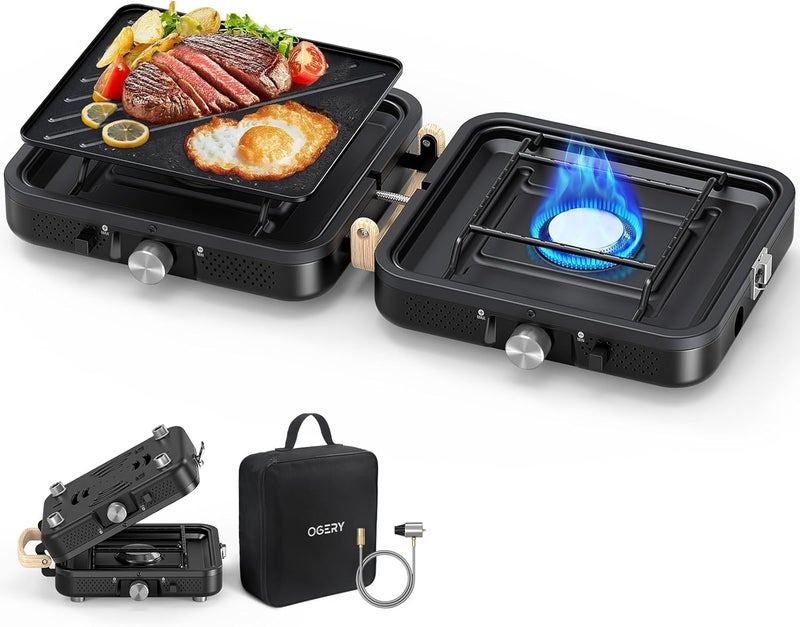OGERY 2-Burner Foldable Camping Stove with Griddle (Textured & Smooth) and Carrying Bag, Portable Propane Camp Stove with 2 Adjustable Burners & Piezo Ignition, for Camping Tailgating Essentials Gear - Image 1